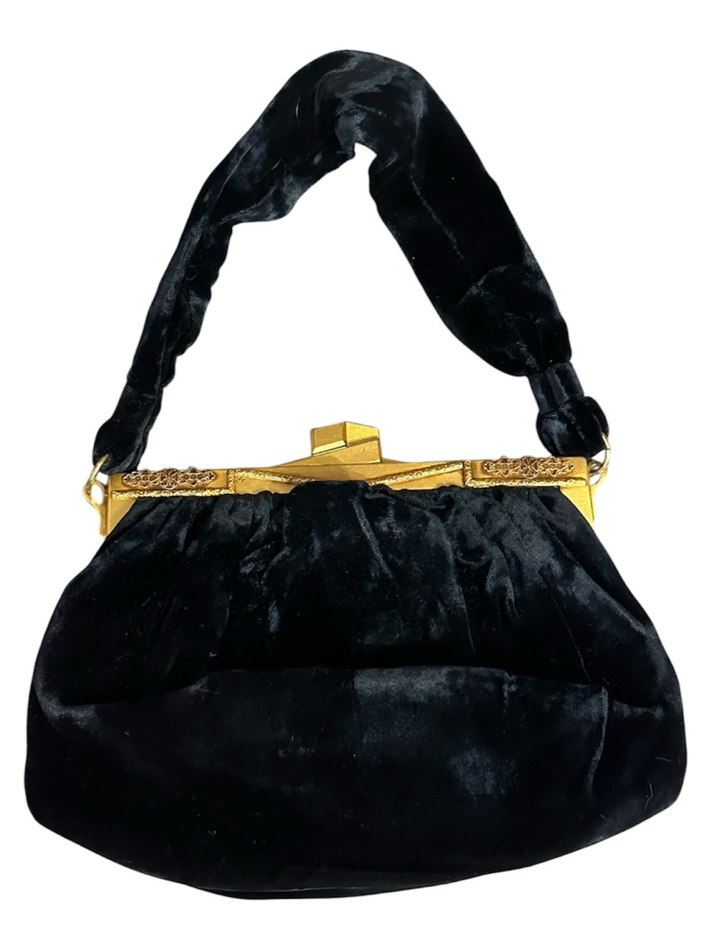 Ingler Black Velvet Evening Purse with Gold Tone Frame Handbag with Coin Purse